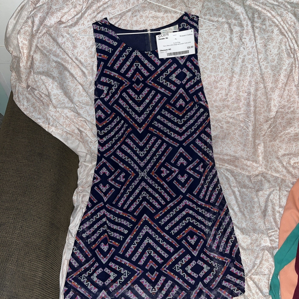 Love Fire Navy & Purple Printed Patterned Tank Shift Dress Womens Size S Small